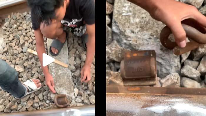 Tangkapan layar video viral di media sosial aksi bocah di Bojonggede, Kabupaten Bogor, menemukan beberapa rel retak dan rusak di jalur kereta api. Respons pihak KAI disorot netizen, disadur pada Senin (30/6/2025).