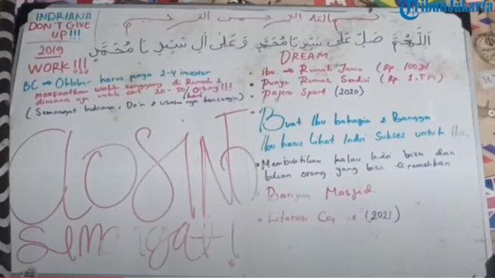 6 cita-cita mulia Indriana, wanita asal Jatinegara yang dibunuh pembunuh bayaran suruhan caleg DPR bernama Devara Putri Prananda dan kekasihnya, Didot Alfiansyah. Indriana menuliskan mimpinya di papan tulis