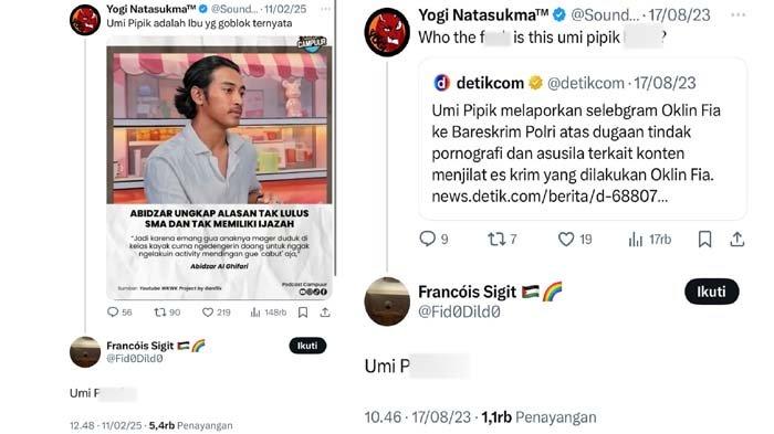 ABIDZAR LAPORKAN NETIZEN: Tangkapan layar isi cuitan netizen yang diduga menghina Umi Pipik, disadur pada Senin (14/4/2025). Terungkap sosok dua netizen yang disomasi Abidzar gara-gara menghina Umi Pipik di media sosial. Ada yang minta maaf dan menyesali perbuatannya.