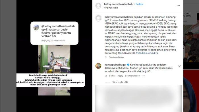 Keluarga Divamaulana mengurai kondisi korban yang mengenaskan setelah ditabrak diduga oleh oknum Brimob pada 11 November 2023 di Pakansari, Bogor. Korban kini telah meninggal dunia.