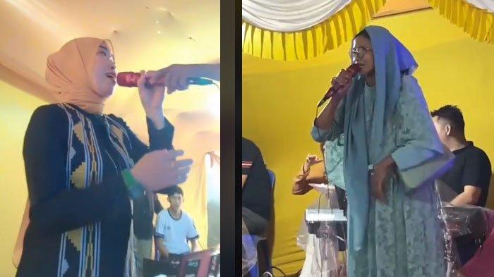 Tangkapan layar sosok emak-emak (kanan) yang viral karena merebut mic saat biduan (kiri) sedang bernyanyi di hajatan. Emak-emak tersebut panik dihujat netizen se-Indonesia hingga bikin klarifikasi, disadur pada Minggu (20/4/2025).
