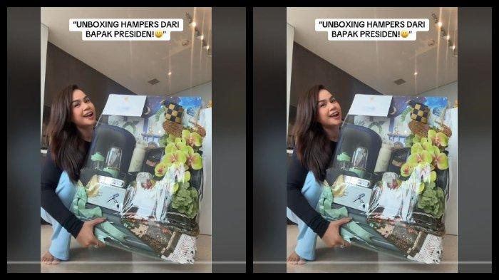 HAMPERS MELANEY RICARDO - Tangkap layar video Melaney Ricardo sedang unboxing bingkisan Idul Fitri dari Presiden RI Prabowo Subianto di akun media sosial TikTok-nya, @melaney_ricardo, Rabu (2/4/2025)