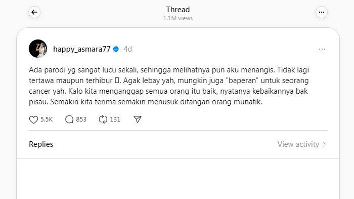 Happy Asmara tanggapi parodi Nopek Novian yang diduga mencemooh Gilga Sahid
