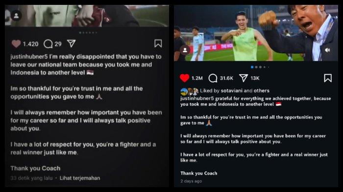 Viral unggahan di media sosial X yang menunjukkan bahwa Justin Hubner mengedit caption unggahan salam perpisahan kepada Shin Tae-yong.