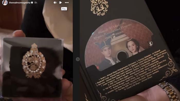 NGUNDUH MANTU AL GHAZALI: Tangkapan layar postingan Momo Geisha membagikan momen saat unboxing souvenir Ngunduh Mantu Al dan Alyssa, Kamis (19/6/2025). Terungkap souvenir Ngunduh Mantu pernikahan Al Ghazali dan Alyssa Daguise yang digelar Ahmad Dhani tanpa sponsor. Isinya sempat bikin artis yang datang yakni Momo Geisha bingung. 