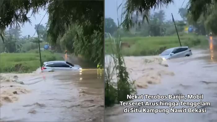 VIRAL BANJIR BEKASI: Tangkapan layar momen sebuah mobil terseret arus banjir di kawasan Kampugn Nawit, Kecamatan Setu, Kabupaten Bekasi, Selasa (4/3/2025). Terungkap kondisi sopir yang viral gara-gara mobilnya terseret arus banjir di Setu Bekasi. Aksi nekat korban sempat bikin warga teriak histeris.