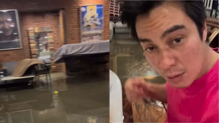 BAIM WONG KEBANJIRAN: Tangkapan layar momen Baim Wong merekam dirinya makan sahur di tengah banjir, Selasa (4/3/2025). Viral momen miris Baim Wong makan sahur di tengah kepungan banjir. Kondisi kantor Baim suami Paula Verhoeven itu bikin publik syok. 