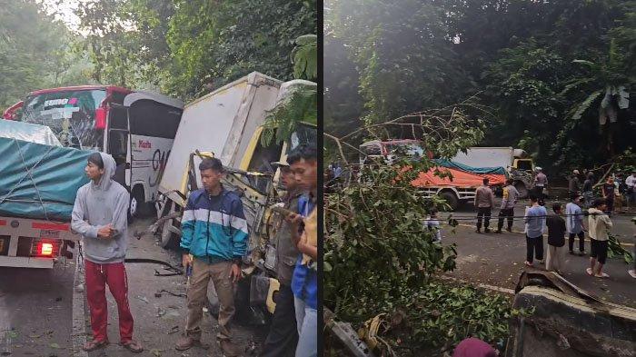 KECELAKAAN BERUNTUN CIANJUR: Tangkapan layar kondisi truk yang hancur dalam kecelakaan beruntun yang terjadi di Jalan raya Cianjur-Cipanas pada hari ini, Sabtu (15/3/2025). 1 truk hancur lebur kondisinya bikin warga syok.