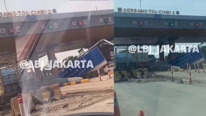 KECELAKAAN TOL CIAWI BOGOR: Tangkapan layar detik-detik truk pengangkut air mineral tabrak gerbang tol Ciawi 2 pada Senin (2/6/2025).