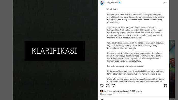 KLARIFIKASI RIDWAN KAMIL: Tangkapan layar postingan terbaru Ridwan Kamil pada Kamis (27/3/2025). Akhirnya Ridwan Kamil menjawab isu dirinya selingkuh. Mantan Gubernur Jabar itu membongkar fitnah 4 tahun lalu dari Lisa Mariana soal kehamilan.
