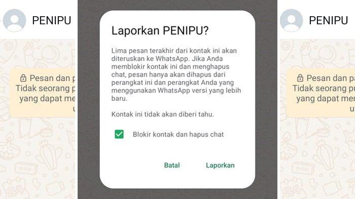 LAPORKAN AKUN DIHACK - Penampakan konfirmasi dan pemberitahuan ketika pengguna WhatsApp yang kena hack melaporkan nomor penipu via fitur 