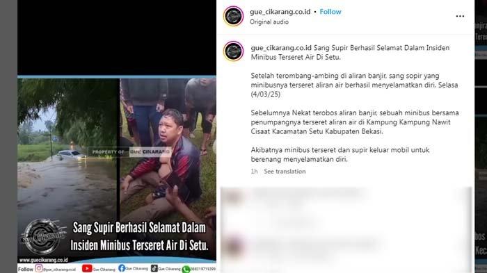 VIRAL BANJIR BEKASI: Tangkapan layar momen sebuah mobil terseret arus banjir di kawasan Kampugn Nawit, Kecamatan Setu, Kabupaten Bekasi, Selasa (4/3/2025). Terungkap kondisi sopir yang viral gara-gara mobilnya terseret arus banjir di Setu Bekasi. Aksi nekat korban sempat bikin warga teriak histeris.