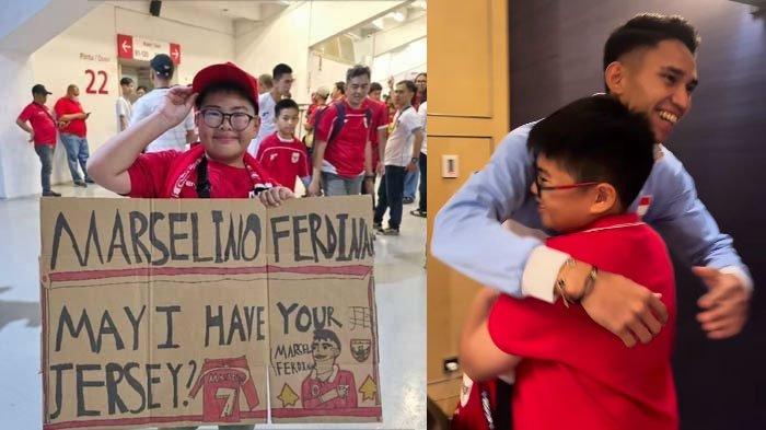 BOCAH FANS MARSELINO: Tangkapan layar momen pertemuan Marselino Ferdinan dengan bocah viral yang jersey-nya direbut bernama Kenneth, Jumat (28/3/2025). Marselino memberikan kado fantastis untuk Kenneth yang sempat sedih karena jersey-nya direbut orang tak dikenal.