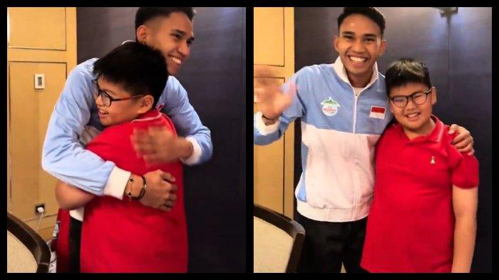 KENNETH DAN MARSELINO - Tangkap layar video pertemuan gelandang serang Timnas Indonesia, Marselino Ferdinan, dan fans cilik Skuad Garuda bernama Kenneth. Akhirnya, Kenneth bertemu langsung dan diberi jersey pertandingan oleh Marselino Ferdinan.