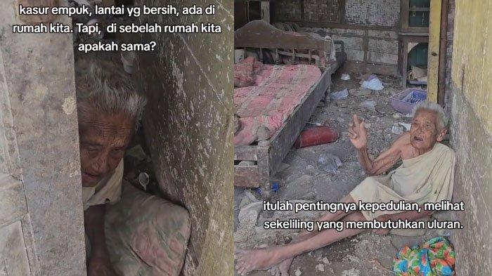 NENEK SEBATANG KARA: Tangkapan layar seorang nenek bernama Mbah Tasem hidup sebatang kara, disadur pada Kamis (27/2/2025). Kisah Mbah Tasem hidup di gubuk penuh sampah viral di media sosial.