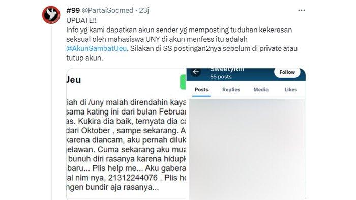 Terungkap sosok terduga korban yang memviralkan kasus pelecehan seksual oleh anggota BEM UNY