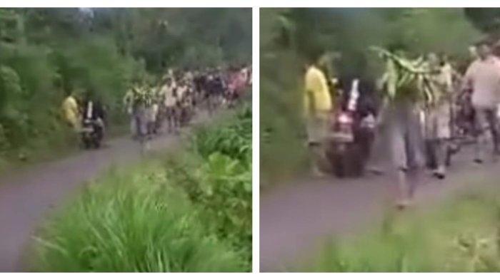 MENGARAK PENCURI PISANG - Pelajar SMA berinisial AAP di Kabupaten Pati, Jawa Tengah, diarak telanjang dada dengan memanggul pisang dari kebun ke balai desa gara-gara ketahuan mencuri 4 tandan pisang tanduk milik warga. Peristiwa memilukan ini terjadi di Desa Gunungsari, Kecamatan Tlogowungu, Kabupaten Pati, Senin (17/2/2025) sore (Istimewa)
