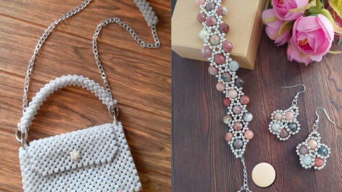 UMKM BOGOR - Tas manik dan set perhiasan handmade buatan Aprita Dewi, pemilik UMKM Narita. Produk ini dibuat dengan teknik khusus yang menjadikan setiap aksesoris unik dan eksklusif.