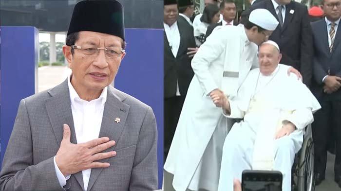 PAUS FRANSISKUS WAFAT: Tangkapan layar Menteri Agama Nasaruddin Umar melayangkan ucapan duka cita sekaligus mengenang momen cium kening Paus Fransiskus saat berkunjung ke Indonesia tahun 2024 lalu. Seperti diketahui, Paus Fransiskus meninggal dunia hari ini, Senin (21/4/2025).