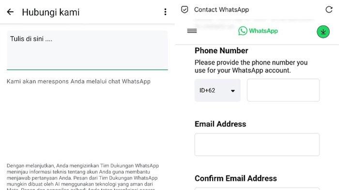 LAPORKAN AKUN DIHACK - Penampakan halaman pelaporan akunWhatsApp yang kena hack via pusat bantuan aplikasi (kiri) dan via situs contact WhatsApp (kanan)
