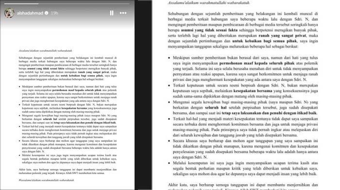 Viral postingan Alshad Ahmad soal perceraiannya dengan Nissa Asyifa yang baru dibongkar setelah satu tahun berlalu.