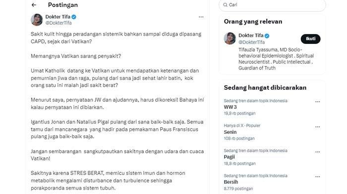 Postingan Dokter Tifa soal penyakit Jokowi sekaligus membantah pernyataan ajudan Jokowi soal alergi yang diderita sang presiden ke-7, dibagikan pada Senin (23/6/2025).