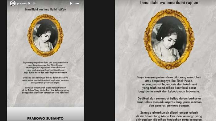 TITIEK PUSPA MENINGGAL: Tangkapan layar postingan Prabowo Subianto perihal Titiek Puspa wafat pada Kamis (10/4/2025). Tiga presiden mengurai kedukaannya atas kabar Titiek Puspa meninggal dunia. SBY, Jokowi, dan Prabowo mengungkap sosok almarhumah semasa hidup.