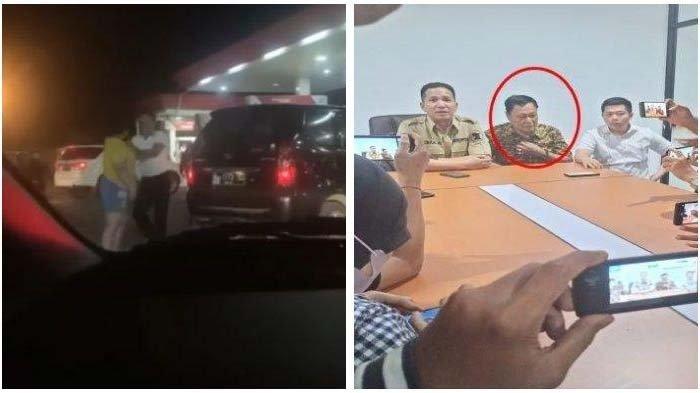 (KIRI) Anggota DPRD Kota Palembang M Syukri Zen (di tengah baju batik) tertunduk lesu saat dihadirkan dalam konfrensi pers usai video pemukulannya terhadap seorang perempuan di SPBU viral di media sosial, Rabu (24/8/2022) dan (KANAN) Video Syukri Zen saat memukuli wanita di SPBU