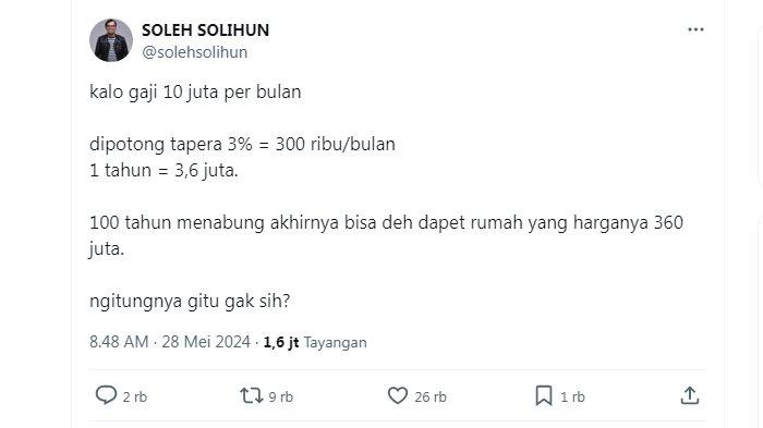 Soleh Solihun menghitung iuran Tapera untuk para pegawai dengan gaji Rp10 juta per bulan. Kebijakan pemerintah soal Tapera memang tengah menyedot perhatian berbagai pihak, termasuk artis.