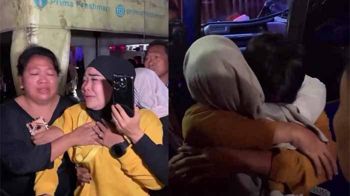 Suasana isak tangis para orang tua siswa menyambut kedatangan rombongan pelajar SMK Lingga Kencana di Depok, Minggu (19/5/2024) pagi.
