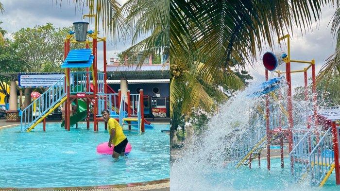 WISATA BOGOR - Wahana ember tumpah di tempat wisata Marcopolo Water Adventure, Bukit Cimanggu City, Bogor. Wahana favorit anak-anak ini menyuguhkan sensasi guyuran air dalam jumlah besar yang menambah keseruan saat bermain di area kolam anak.