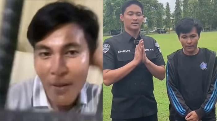KONTEN HOAKS POLISI: Tangkapan layar sosok pria viral masuk penjara karena tabrak bebek (kiri) disadur pada Senin (17/2/2025). Ternyata pria tersebut cuma pemeran konten lelucon polisi bernama Briptu Nurkholis (kanan)