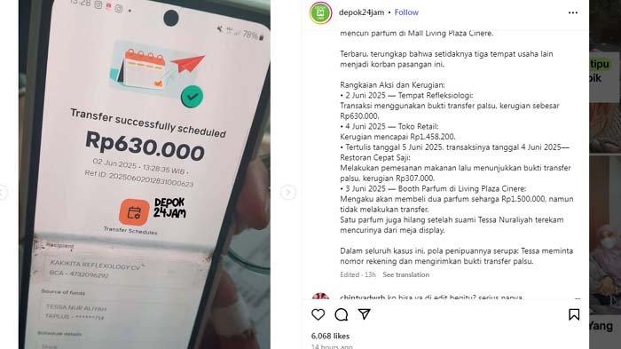 MODUS PENIPUAN TESSA: Tangkapan layar bukti penipuan Tessa Nur Aliyah, wanita yang dulu viral karena menipu toko dengan bukti transfer palsu kembali berulah. Tessa nekat tilep barang di 4 toko di Depok, disadur pada Kamis (5/6/2025).