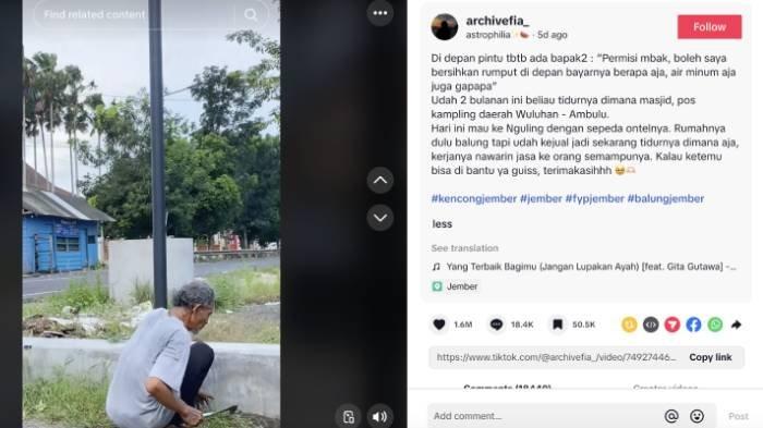 PILU BAPAK PENCABUT RUMPUT - Viral di media sosial seorang bapak tua menawarkan jasa mencabut dan membersihkan rumput di rumah warga.