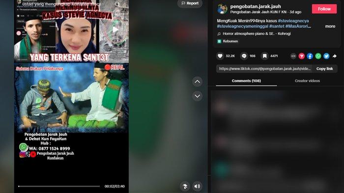 Video video pria yang mengaku bisa menarik sukma dukun pelaku santet Stevie Agnecya. Terkait isu almarhumah Stevie disantet, paranormal ternama Mbah Mijan pun baru-baru ini ikut bersuara