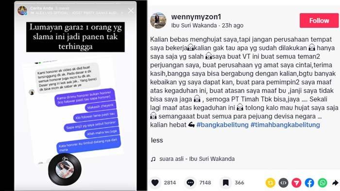 JEJAK DIGITAL WENNY: Tangkapan layar postingan Wenny Myzon yang belakangan tengah jadi sorotan di TikTok, Senin (3/2/2025). Wenny Myzon, pegawai PT Timah meminta maaf atas videonya yang viral tapi bukan meminta maaf kepada honorer yang disindirnya.