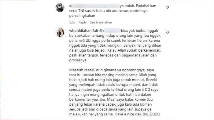 MANTAN ISTRI TEDDY: Tangkapan layar mantan istri Mayor Teddy, Wita Nidia Hanifah menjawab komentar nyinyir netizen pada bulan Mei 2024 lalu.