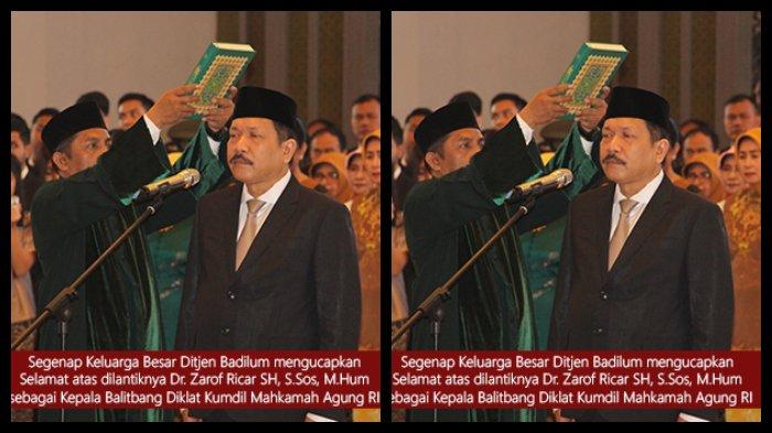 Dalam foto: Zarof Ricar saat dilantik sebagai Kepala Balitbang Diklat Kumdil Mahkamah Agung RI. Foto diunduh dari situs badilum.mahkamahagung.go.id, Kamis (1/5/2025)..
