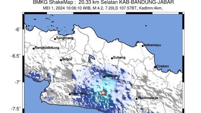 Bandung dan sekitarnya diguncang gempa bumi, Rabu 01 Mei 2024 pukul 10:06:10 WIB. Analisis BMKG menyatakan bahwa gempa bumi ini berkekuatan M=4,2