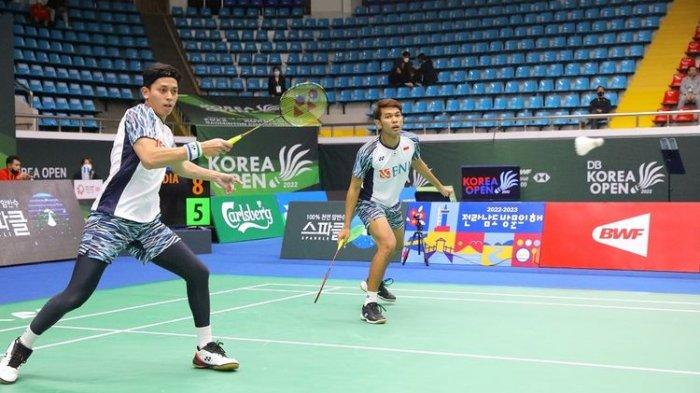 Fajar Alfian/Muhammad Rian Ardianto saat bertanding pada babak 16 besar Korea Open 2022 di Palma Stadium, Suncheon, Korea Selatan, Kamis (7/4/2022).