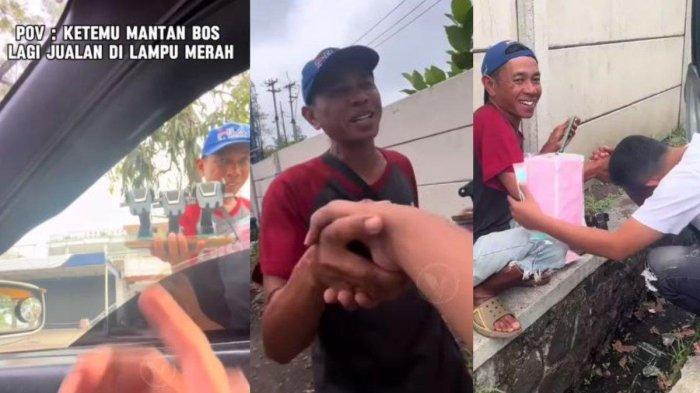 Tangkapan layar video pria bertemu mantan bosnya yang kini jualan kanebo di lampu merah.