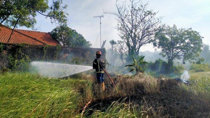 Petugas Damkar saat memadamkan api di lahan kosong yang terbakar di Kelurahan Kepandean, Kecamatan/Kabupaten Indramayu, Senin (14/8/2023)