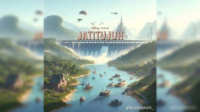 Poster ikon-ikon Majalengka ala animasi Disney Pixar yang beredar di media sosial Facebook. Terlihat Bendungan Rentang di Jatitujuh yang kokoh dan keren.