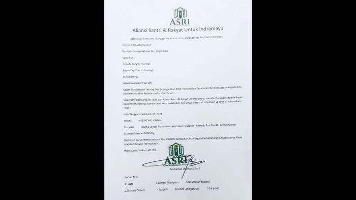 Surat pemberitahuan aksi dari ASRI yang akan mendemo Ponpes Al Zaytun