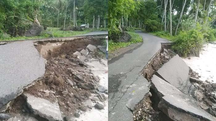 RUSAK - Ruas jalan kabupaten lintasan Bola-Hale tepatnya di Mage lobung, Dusun Doreng, Desa Nenbura, Kecamatan Doreng, Kabupaten Sikka, nyaris putus akibat diterjang gelombang pasang air laut sejak dua tahun terkahir ini. Gambar diabadikan, Jumat 15 Desember 2023.