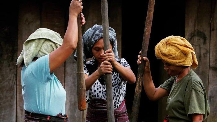KOPI- Ibu-ibu yang sedang menumbuk kopi menggunkan lesung di Colo, Kabupaten Manggarai Timur.