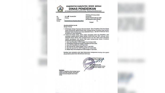 Dinas Pendidikan Bener Meriah Tetapkan Jadwal Sekolah dan Libur Bulan Ramadhan 2026