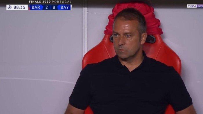 Ekspresi Hansi Flick ketika Bayern Munich unggul 2-8 atas Barcelona di Camp Nou pada ajang Liga Champions musim 2019-2020.