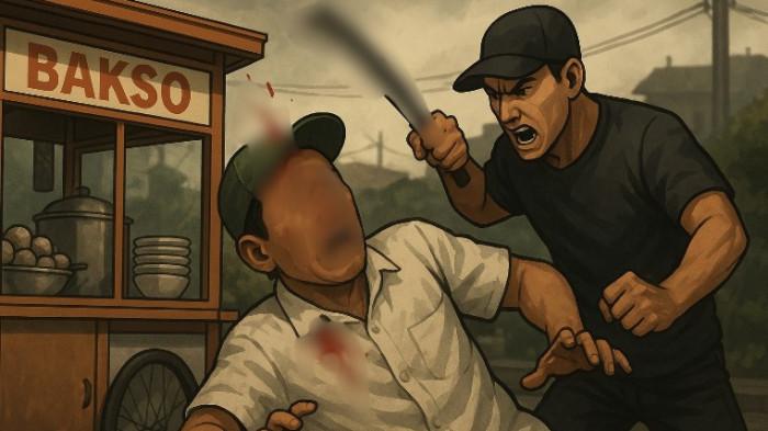 KORBAN PEMBACOKAN -- Ilustrasi penganiayaan, dibuat oleh kecerdasan buatan, ChatGPT. Seorang pedagang bakso pangsit di Kota Gorontalo mengalami kejadian tragis. Ia dibacok oleh seorang pria di kawasan RSIA Sitti Khadijah pada Rabu (30/7/2025).
