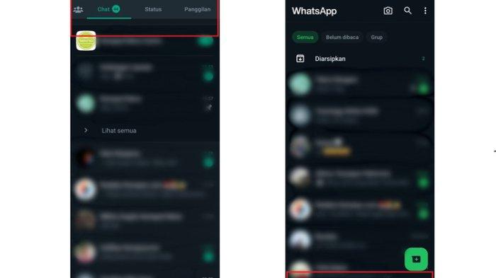 Ilustrasi perubahan tampilan WhatsApp Android. Tampilan WhatsApp Android versi sebelumnya dengan bar menu berada di atas (kanan) dan tampilan baru dengan bar menu di bawah (kiri)